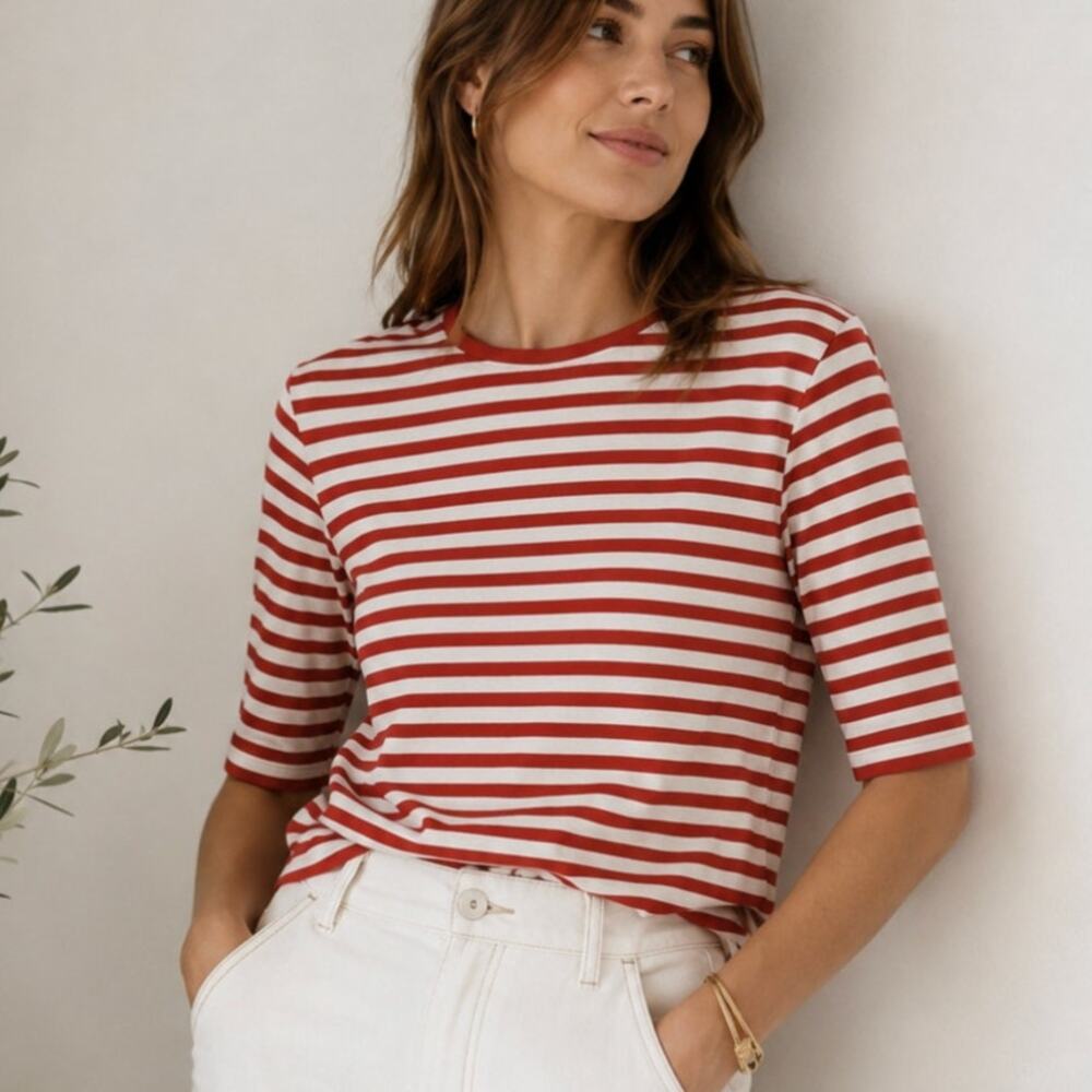 COS Women’s Red White Striped Tee Elbow Sleeve Cotton Stretch Breton Top Size S